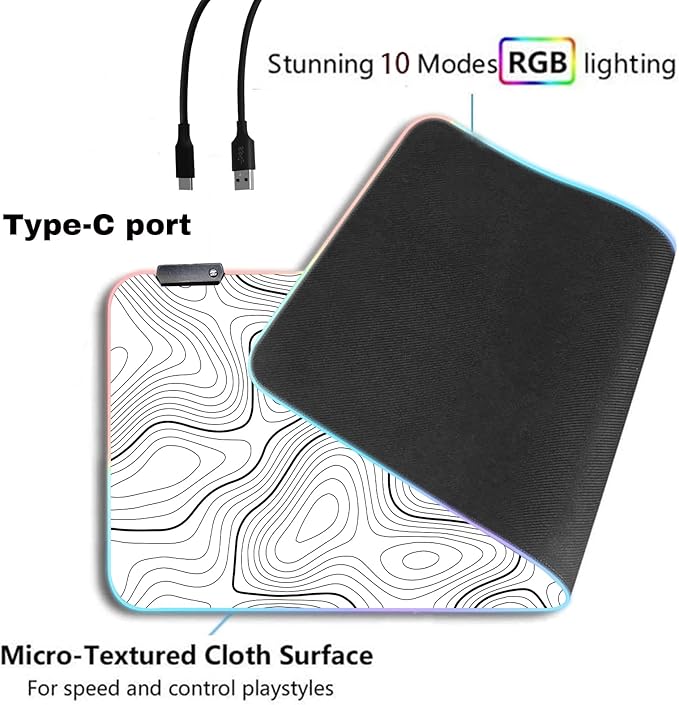RGB Mouse Pad LED Desk Mat Large Gaming Mousepad White with Black Topographic Line Design, Keyboard Pad XL Mouse Mat for Home and Office(White with Black Topographic Line)