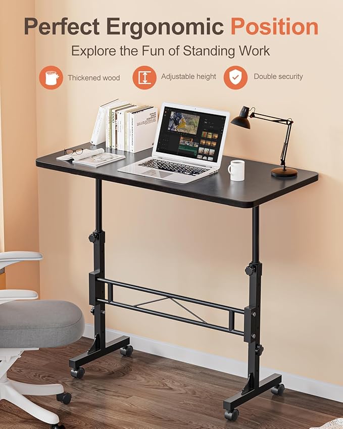 Small Standing Desk Adjustable Height, Mobile Stand Up Desk with Wheels, 32 Inch Portable Rolling Desks Conference Room Tablesf for Walking Pad Treadmill Black