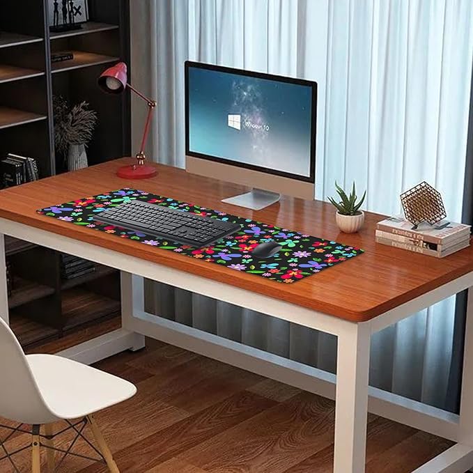 Colorful Flowers Desk Pad Mouse Pad,Large XL Green Leaves Floral Mouse Mat with Stitched Edges,Non-Slip Rubber Base Mousepad for Office PC Keyboard Laptop and Home Work Desk Mat(31.5X11.8 in)
