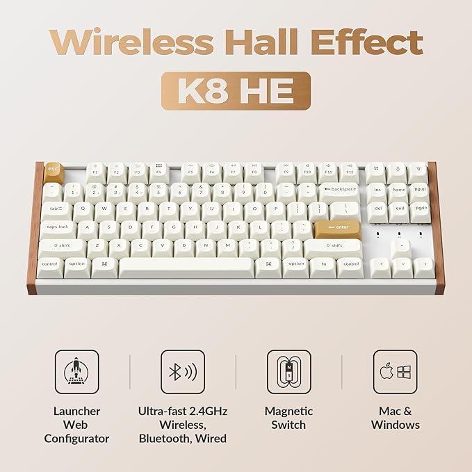 Keychron K8 HE TKL Hall Effect Wireless Mechanical Keyboard, Magnetic Hot-Swappable Switches, Rapid Trigger, QMK/VIA, RGB, 2.4GHz/Bluetooth 5.2/Wired, Aluminum & Wood Frame, Mac Windows Linux - White
