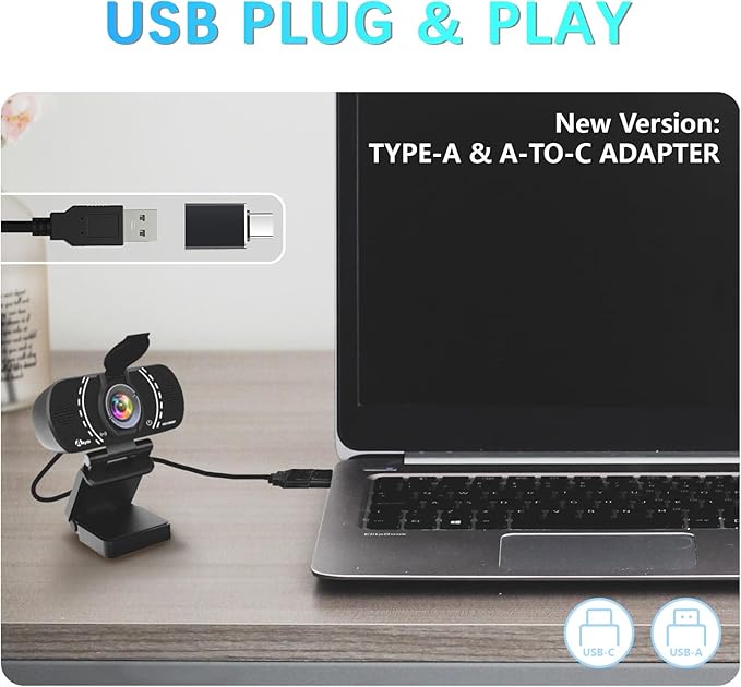 Akyta 1080P PC Webcam, Plug and Play USB C Camera with Microphone/Privacy Cover/Stand/Adapter & Wide Angle 110°, Web Camera for Desktop Computer PC Mac Video Calling/Zoom Conference