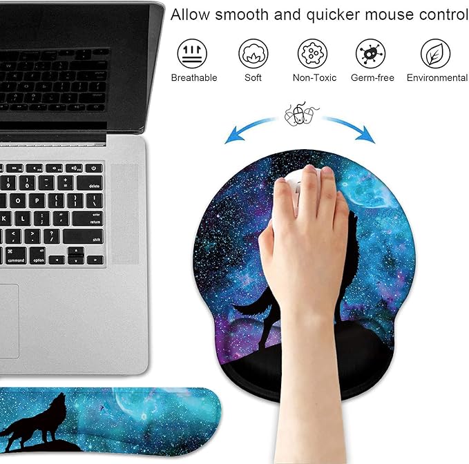 Keyboard Wrist Rest and Mouse Wrist Rest Pad Set with Coasters, Ergonomic Support, Non-Slip PU Base, Easy Typing and Relieve Wrist Pain, Perfect for Home Office Working Studying, Galaxy Nebula Wolf