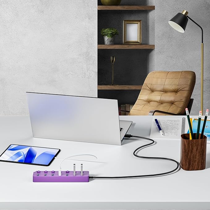 USB Hub 3.0, 7-Port USB Hub Splitter with Individual On/Off Switches and Lights, 3.2ft/1m Long Cable Compatible with MacBook, Laptop, Surface Pro, PS4, PC, Flash Drive, Mobile HDD-Purple
