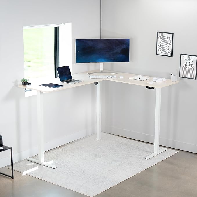 VIVO Corner Standing Desk, 75 x 63 inch Reversible L-Shaped Workstation, Electric Height Adjustment, Home, Office, and Reception Rooms, Light Wood Table Top White Frame, DESK-E3CTC-75