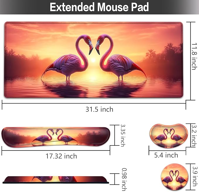 Large Mouse pad and Keyboard Support Set, Ergonomic Memory Foam Keyboard Wrist Rest, Extended Gaming Mouse Pad with Stitched Edges, Romantic Pink Swans Heart XXL Desk Mat (31.5 X 11.8 in)