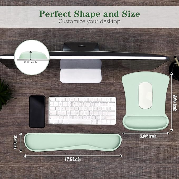 Ergonomic Wrist Rest Support for Mouse Pad&Keyboard Set, Comfortable Memory Foam Keyboard Pad and Soft Gel Mouse Pad, Easy Typing and Pain Relief for Gaming, Office, Laptop, Green