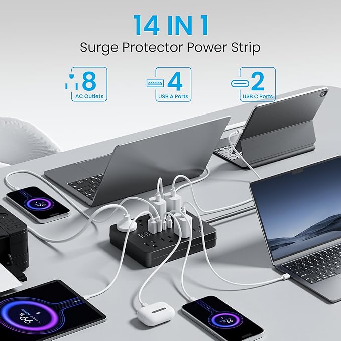 Surge Protector Power Strip, 8 Outlets(1850W/15A), 6 USB Charging Ports(2 USB C), 6FT Flat Plug Extension Cord Outlet Extender with Overload Protection, ETL Certified for Office, Dorm Room