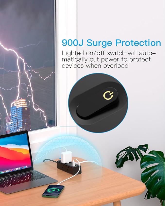 10Ft Extension Cord with Multiple Outlets, Flat Plug Power Strip Surge Protector with 10 Ft Long Cord, 6 Outlet 3 USB Ports (1 USB C), Multi Outlet Wall Plug for Travel, Dorm Room Essentials-Black