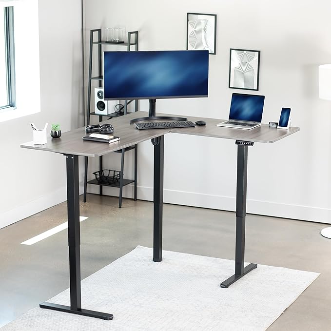 VIVO Corner Standing Desk, 63 x 55 inch Reversible L-Shaped Workstation, Electric Height Adjustment, Home, Office, and Reception Rooms, Dark Gray Table Top Black Frame, DESK-E3CTG