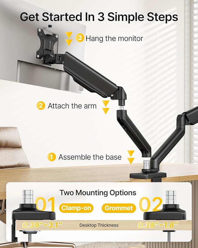 monTEK Dual Monitor Mount Fits 17-32 Inch Screens Holds 19.8lbs, Fully Adjustable Dual Monitor Arm, with Clamp/Grommet, Cable Management, Quick Release Plate, VESA 75/100mm