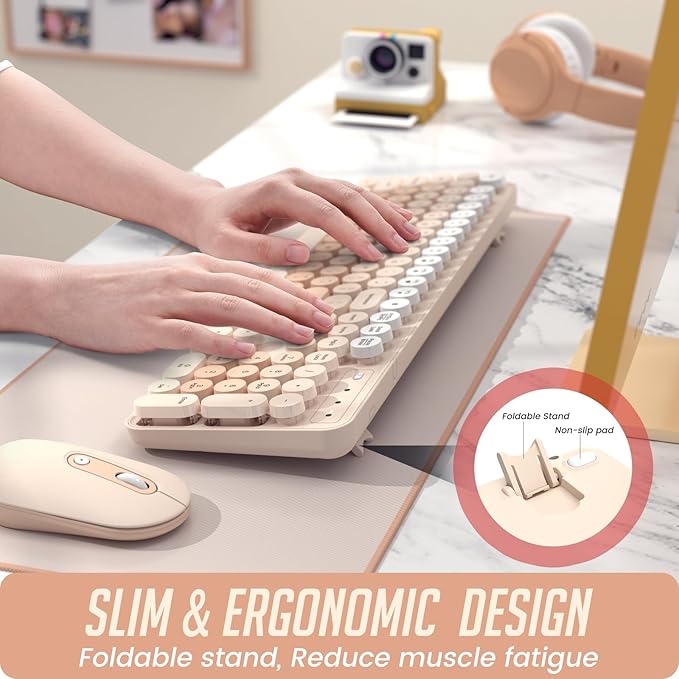Wireless Keyboard and Mouse, Silent Keyboard Mouse Combo, Full-Sized Colorful Typewriter Keyboard with Round Keycaps, 2.4G Cute Mouse Compatible with PC/Laptop/Computer(Milk Tea)