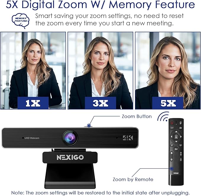 Zoom Certified, NexiGo N950P (Gen 2) 4K Zoomable Webcam, RF Remote, Sony_Starvis Sensor, 5X Digital Zoom, Pro Web Camera with Dual Stereo Mics