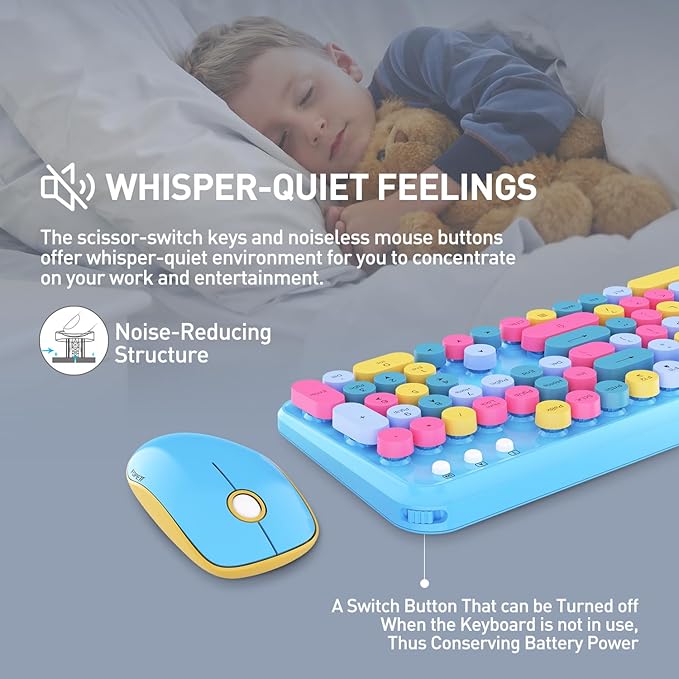 Cute Retro Wireless Keyboard and Mouse Combo, Colorful Typewriter Keyboard with Round Keycaps, 2.4GHz Multi-Color Hybrid Bubble Keyboard for Women, Funky Blue Computer Keyboard for PC Laptop Office