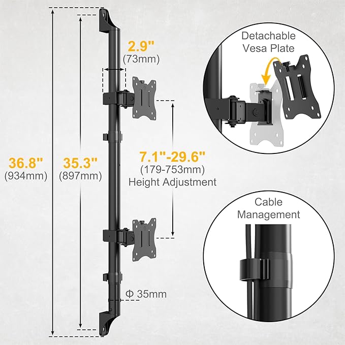 PUTORSEN Dual Monitor Wall Mount - Vertical Stacked Monitor Wall Mount for 17-32 inch Screens,Holds up to 19.8 lbs per Monitor,VESA 75x75/100x100mm,Black