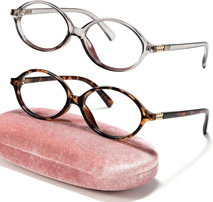 Slocyclub 2 pack Fashion Oval Glasses for Women Men Vintage Oval Small Frame Eyeglasses Retro Blue Light Blocking Glasses with Eyeglass Case, Grey and Whiskey Tortoise