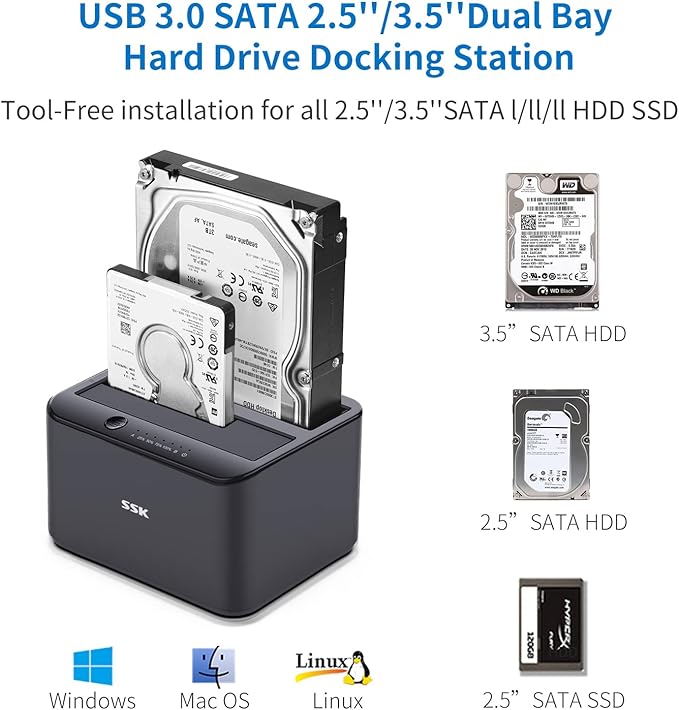 SSK Aluminum Hard Drive Docking Station, USB 3.0 to SATA Dual Bay External HDD Dock Caddy Reader for 2.5 & 3.5 inch SATA HDD SSD, with UASP Offline Cloner/Duplicator Function (2x20TB Supports) Black