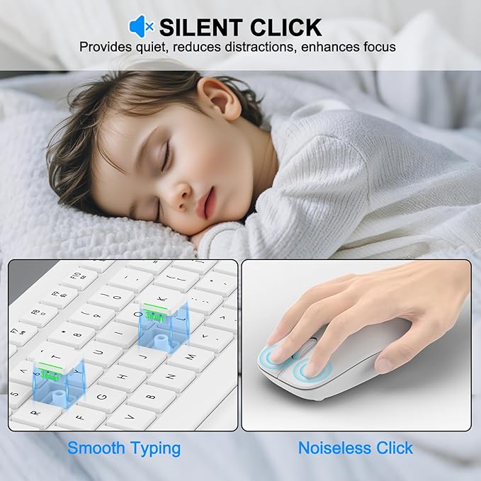 Wireless Keyboard and Mouse Combo, Full-Size Silent Ergonomic Keyboard and Optical Mouse, Long Battery Life, 2.4GHz Lag-Free Cordless Mice Keyboard for Computer, Mac, Laptop, PC, Windows(White)