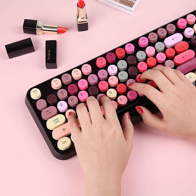 Retro Wireless Keyboard and Mouse Set,2.4Ghz Colorful Lipstick Style Typewriter Keyboard with Cute Round Keys,Full Size Mixed Color Aesthetic Keyboard&3 DPI Mouse for PC Laptop Desktop Computer-Black