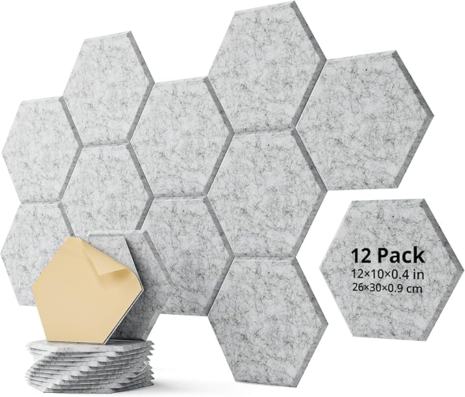 12 Pack Acoustic Panels Sound Absorbing, Self Adhesive Sound Proof Panels, Hexagon High Density Sound Deadening Panels, 12"X10"X0.4" Wall Decor for Bedroom,Home,Studio,Office(Gray)