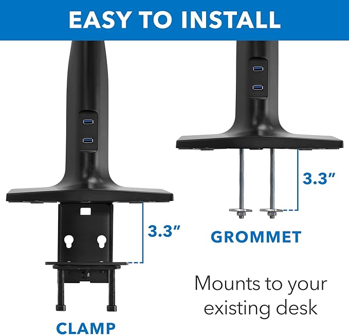 Mount-It! Dual Monitor Arm Desk Mount Sit-Stand Workstation with 2 USB 3.0 Ports, Height Adjustable 23.1–42.9”, Fits Two 17–27” Screens, 13.2 lbs Each, VESA 75x75 100x100, Clamp or Grommet