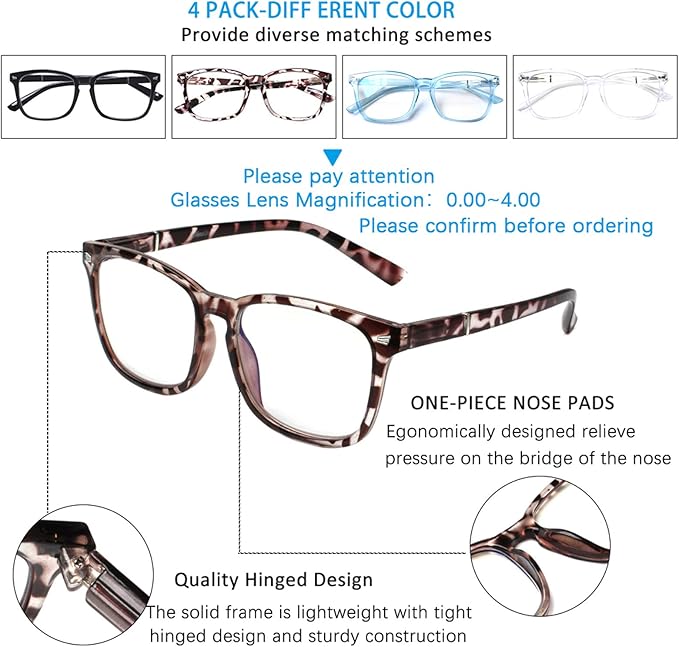 Henotin 4-Pack Blue Light Blocking Reading Glasses Women Men,Spring Hinge Computer Readers,Anti UV Ray Square Nerd Eyeglasses (4 pack Mix Color, 4.00, Diopters)