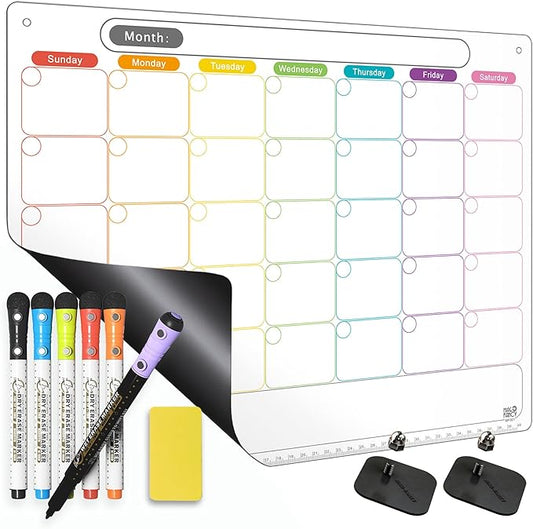 Mag-Fancy Dry Erase Calendar Kit- Magnetic Calendar for Refrigerator - Monthly Fridge Calendar Whiteboard with Extra-Thick Magnet Included 5 Marker & Eraser & Adhesive Hooks for Wall Hanging