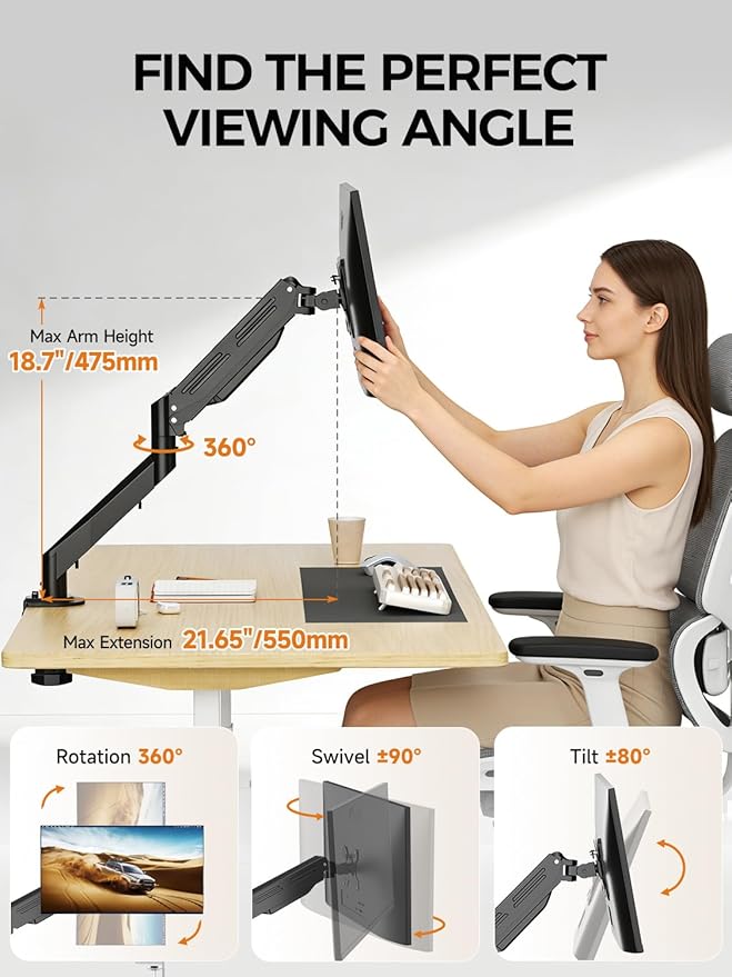 Bracwiser Monitor Mount 17-35 Inch Adjustable Gas Spring Desk Mount Stand Hold up to 24.25lbs with Clamp/Grommet Mounting Base (MD82)