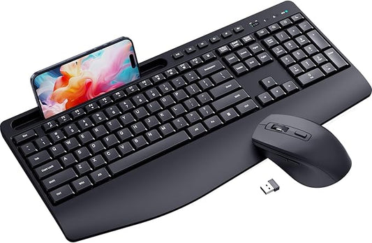 Ergonomic Wireless Keyboard and Mouse Combination, LIZRROT 2.4GHz Quiet Full Length Mouse and Keyboard, Wrist Stand, Phone Holder, Compatible with Windows, PC, Laptops