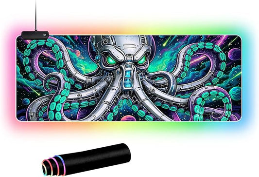 Cyberpunk Mechanical Octopus RGB Gaming Mouse Pad – 31.5"x11.8" XL LED Desk Mat with Neon Space Kraken Design, Upgraded Type-C Powered for PC & Laptop Setup