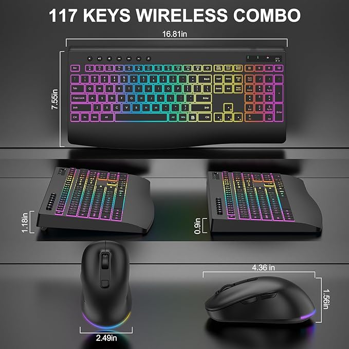Wireless Keyboard and Mouse Combo, 9 Backlit Effects, 4000mAh Rechargeable Backlit Keyboard with Wrist Rest, 6 Button Mouse, 2.4G Full Size Quiet Keyboard Set for Computer, PC, Laptop, Mac, Windows