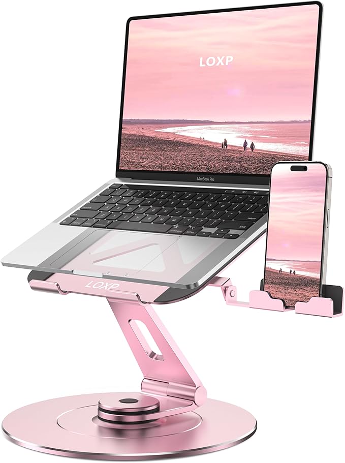 Ultra-Stable Aluminumy Laptop Stand for Desk with Foldable Phone Holder, Stylish Computer Stand for Women, Men Office, Printer Stand Fits Laptops, Pink