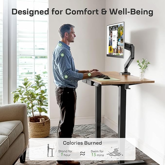 Marsail 48x24 Electric Standing Desk with Drawer, Computer Desk, Sit Stand Office Table with Storage & Hooks & Cable Management, Ergonomic Height Adjustable Table for Home Office, Brown