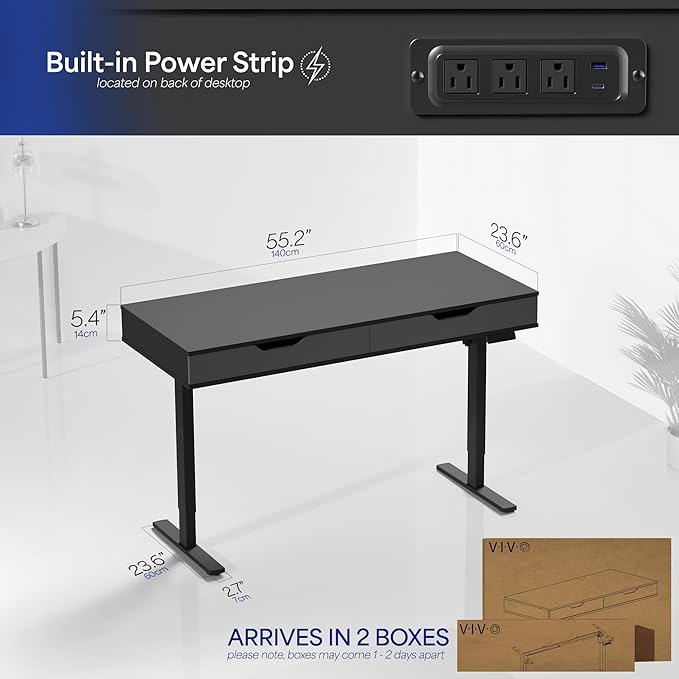 VIVO Electric 55 x 24 inch Height Adjustable Memory Standing Desk with Built-in Storage and Power Strip, Black Solid Top, Black Frame, DESK-KIT-1B55H-B