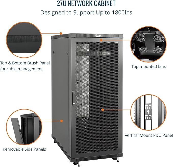 Tecmojo Network Rack Cabinet,27U Server Rack,31.5 Inch Depth,Hold Up to 1800Lbs,Lockable Cabinet with Casters and Complete Accessories,Mesh Door,for Home,Office,Small Business (27U 23.6" w*31.5" d)
