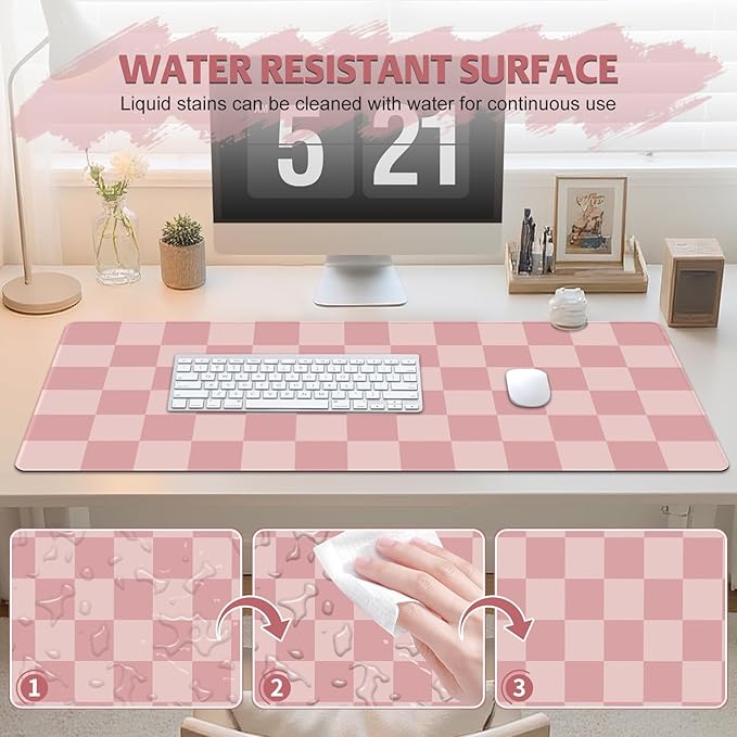 Checkered Pattern Desk Pad Mouse Pad, Large Gaming Mouse Mat with Stitched Edges, Waterproof Rubber Base Mous Mat for Office Computer Keyboard Laptop Home Decor Women (35.4X17.5 inch), Pastel Pink