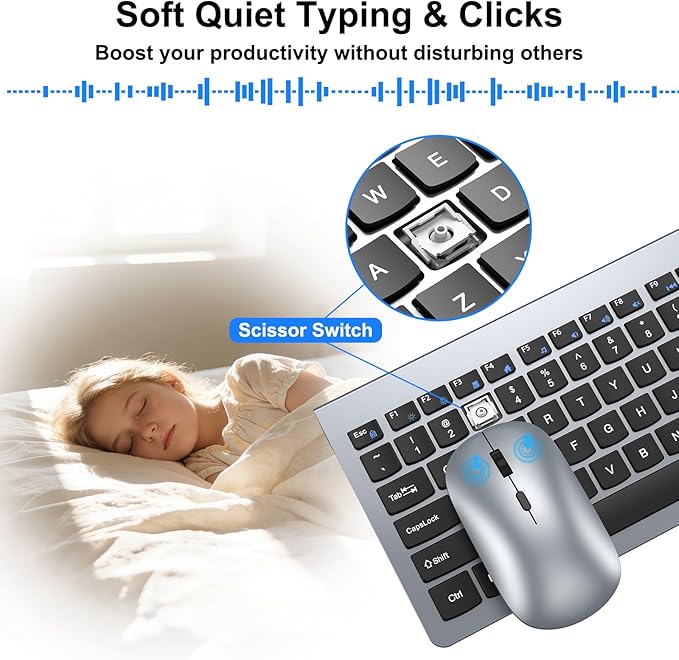Wireless Keyboard and Mouse Combo - Ultra-Slim Design Full Size Quiet Keyboard with 3 DPI Adjustable Wireless Mouse,Sleep Mode,2.4G Cordless Thin Keyboard Mouse Set for Windows,Mac,Laptop