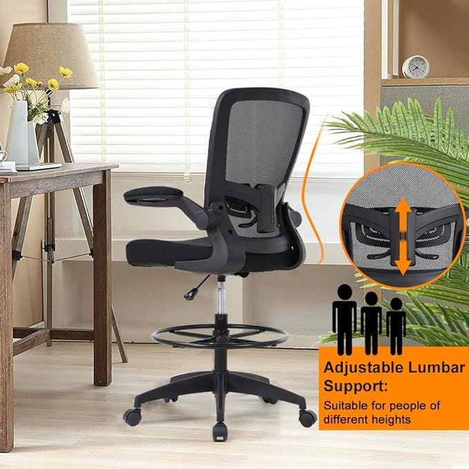 BestOffice Drafting Chair Tall Office Chair Adjustable Height with Lumbar Support Flip Up Arms Footrest Mid Back Task Mesh Desk Chair Computer Chair Drafting Stool for Standing Desk, Black