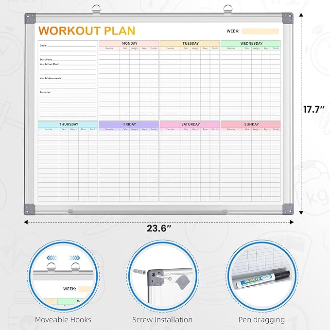 Fitness Tracker Magnetic Whiteboard Workout Plan Dry Erase Board for Wall 24'' x 18'',Hanging Mounted Weekly Fitness Tracker Gym Exercise Tracker Schedules and Checklists