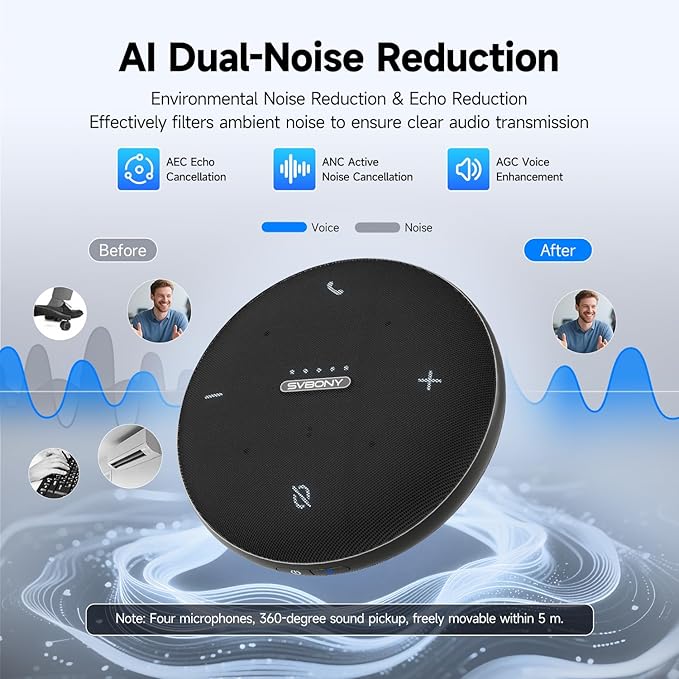 SVBONY Omni2 Conference Speaker and Microphone with 3A+AI Noise Reduction,4 Voice Enhancement Microphones for Clear Audio Output and Input, Portable Speakerphone, 8 Hours Battery Life for Home Office