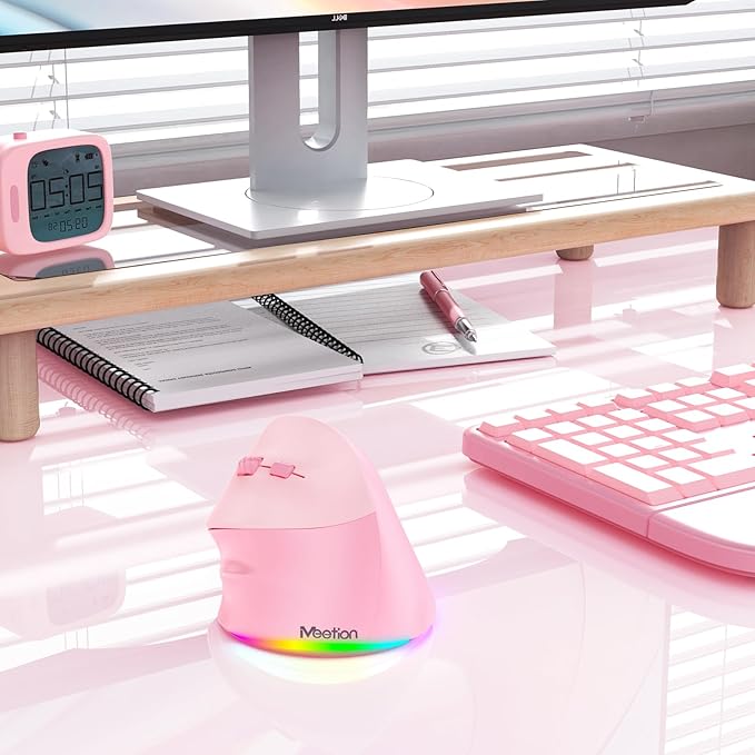 MEETION Left-Handed Mouse, Ergonomic Mouse Wireless Vertical Mouse, RGB Mice for Bluetooth(5.2 + 3.0) & USB-A with Type-c Adapter 4 Adjustable DPI for Mac/Windows/Tablet/iPad/PC Pink