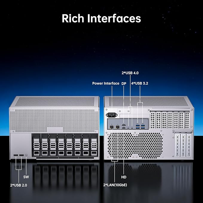 Thdeukoty Desktop NAS 8-Bay, Ultra 9 285H AI CPU, 32GB LPDDR5 8400Mhz RAM, 2 x 10GbE, 2 x M.2 NVMe Slots, HD/DP, PCIe 4.0 x 8 Slot, USB 4, Support Dual System Network Attached Storage (Diskless)