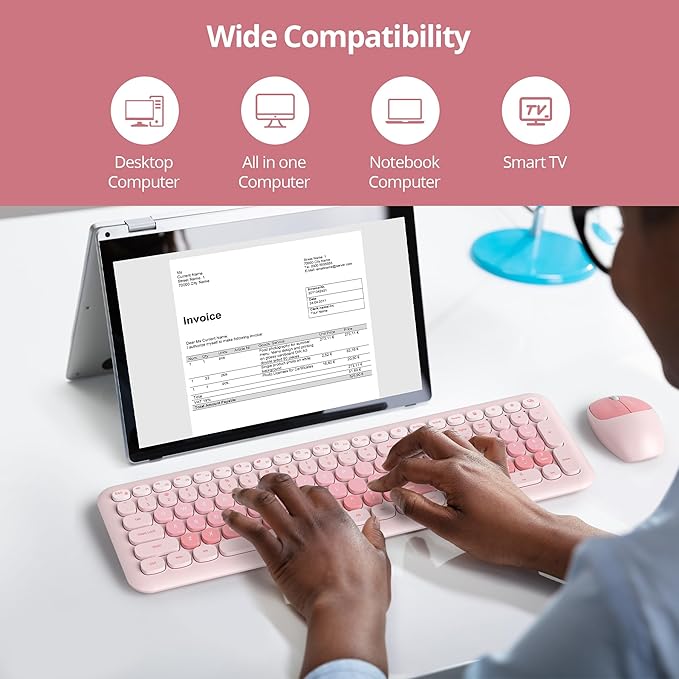 Surmen Cute Pink Keyboard and Mouse Wireless Silent, Full-Size Retro Typewriter Wireless Quiet Slim Keyboard Low-Noise 2.4GHz for Computer, Desktop, Laptop(6-Diary Pink)