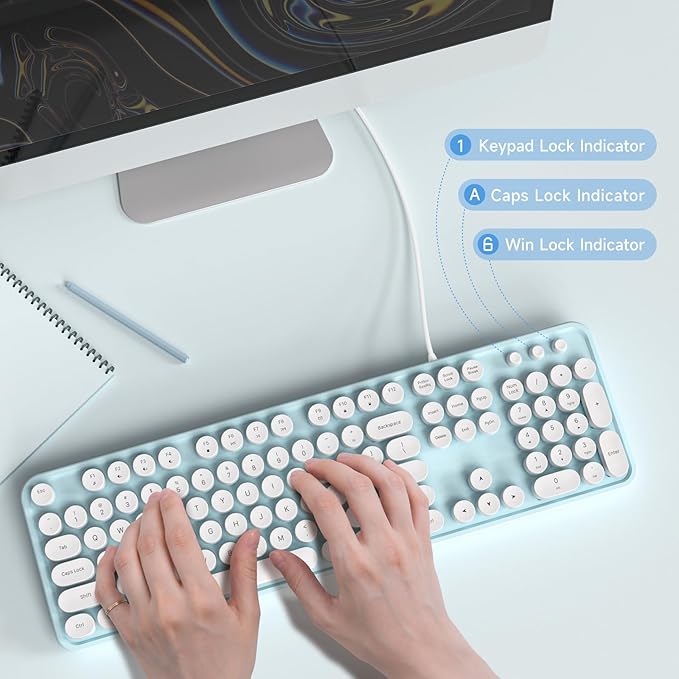 Computer Keyboard Wired, Plug and Play USB Retro Round Typewriter Keyboard, Full Size Wired Keyboard with Foldable Stands for Laptop and Office PC- Blue&White Colorful