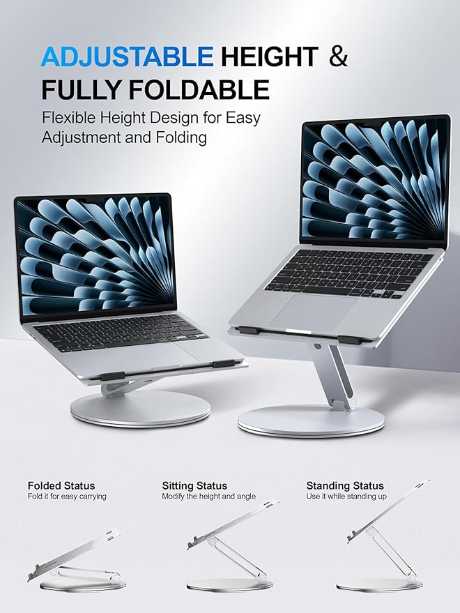 Adjustable Laptop Stand for Desk - 360° Rotating Ergonomic Riser with Aluminum Cooling Vents & Sturdy Construction for 10-16 Inch MacBook Pro/Air, Foldable Portable for Office & Home - Silver