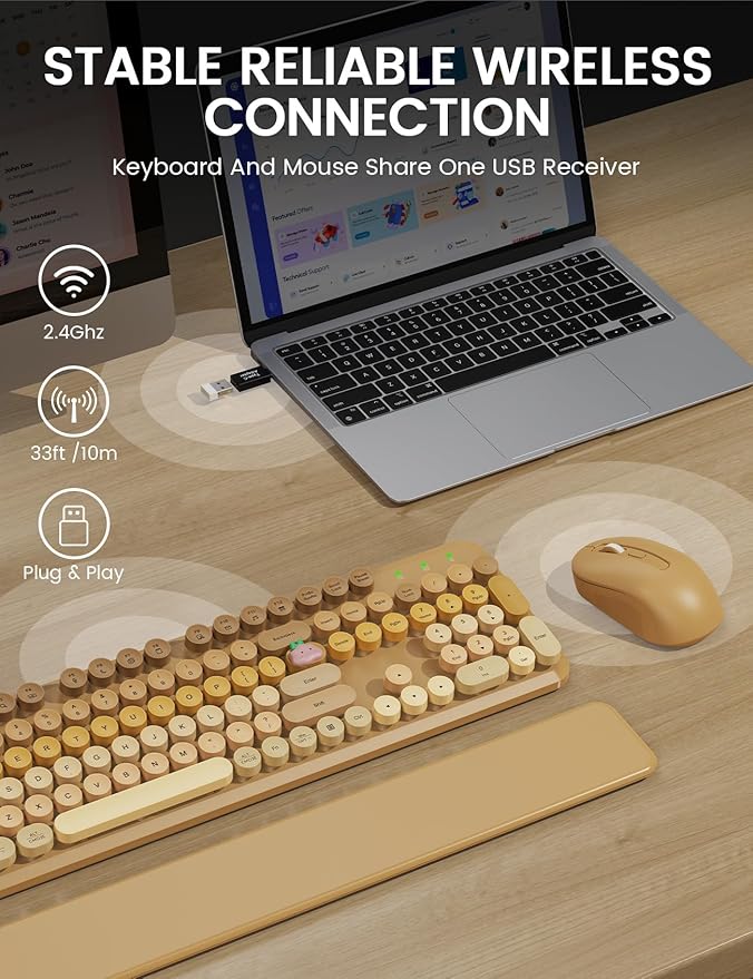 Wireless Keyboard and Mouse Combo, Typewriter Keyboard with Detachable Wrist Rest, Full-Size Retro Round Keycaps, Smart-Sleep, 2.4GHz Stable Connection for Mac/Windows/PC, Trueque (Ombre Latte Beige)