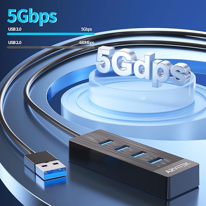 10Ft 4-Port USB 3.0 Hub for Desktop, USB Extender Hub 5Gbps, USB Multiport Adapter, USB Splitter w/Long Cable for Desktop, PC, Flash Drive, Mobile HDD (10Ft/3m)