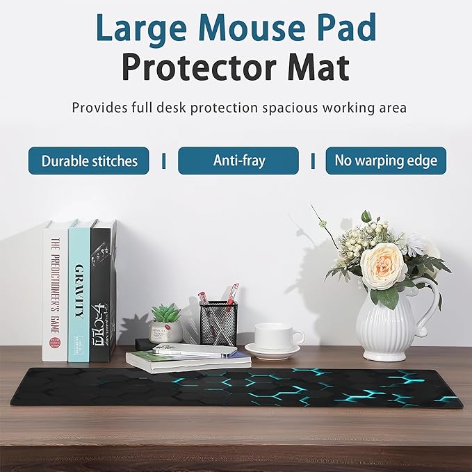 Gaming Mouse Pad, Blue Honeycomb Science Technology Extended Mouse Pad Gaming Large,Big Desk Mat with Non-Slip Base and Stitched Edge,Long Computer Keyboard Mouse Mat for Home Office Work 31.5"x11.8"