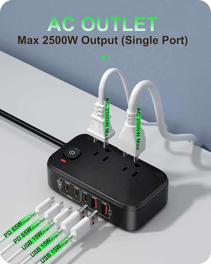 7-in-1 Power Strip, PD GaN 65W USB C Power Strip with 3 USB-C, 2 USB-A Ports and 2500W AC Outlet, Flat Plug Essentials for Home/Office/College/Travel (Pearl Black, 65W)