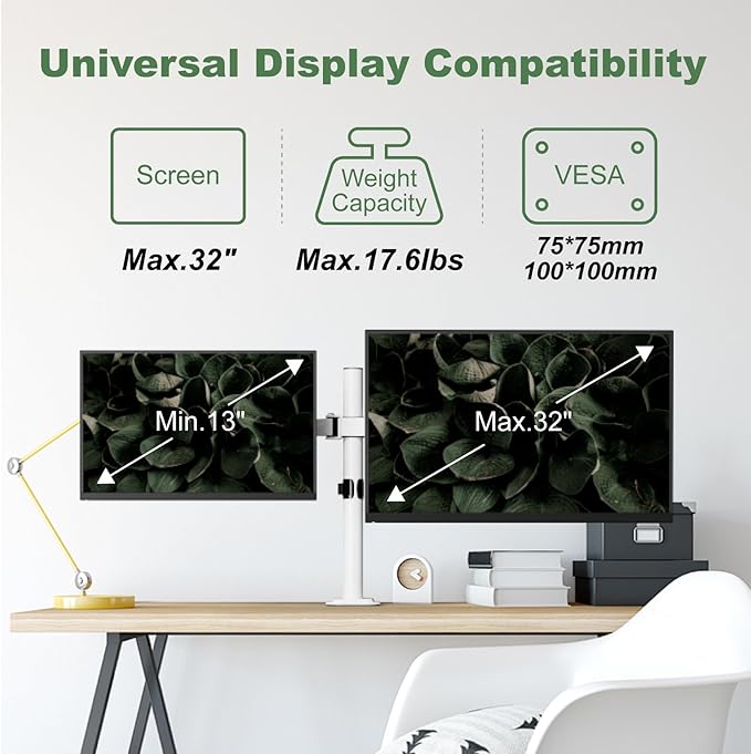 Dual Monitor Mount Stand for Two 17"-32" Flat/Curved Computer Screens, Fully Adjustable Dual Monitor Arms Hold up to 17.6lbs, VESA 75x75/100x100mm, C-Clamp/Grommet Base, White
