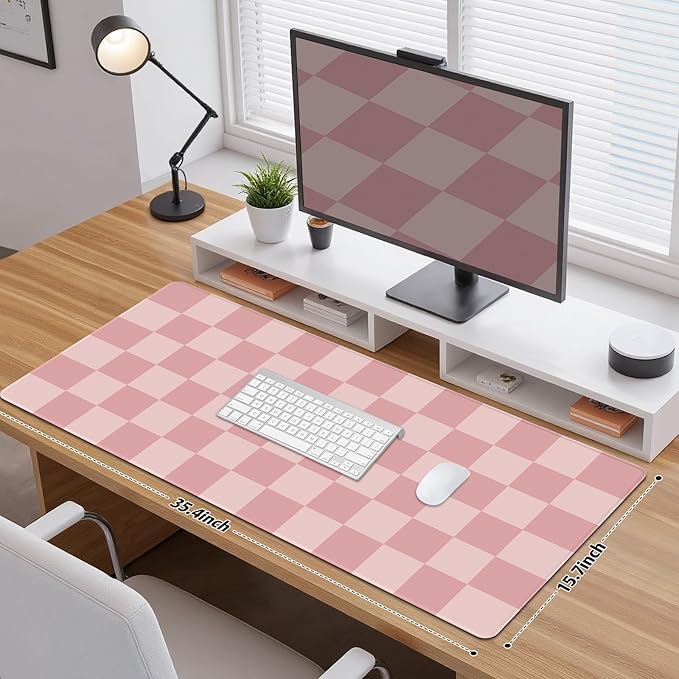 Checkered Pattern Desk Pad Mouse Pad, Large Gaming Mouse Mat with Stitched Edges, Waterproof Rubber Base Mous Mat for Office Computer Keyboard Laptop Home Decor Women (35.4X17.5 inch), Pastel Pink